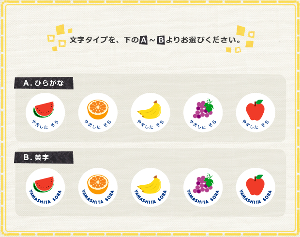 なまえのぼたん Markset 08フルーツセット1 文字タイプを、A〜Bよりお選び下さい。