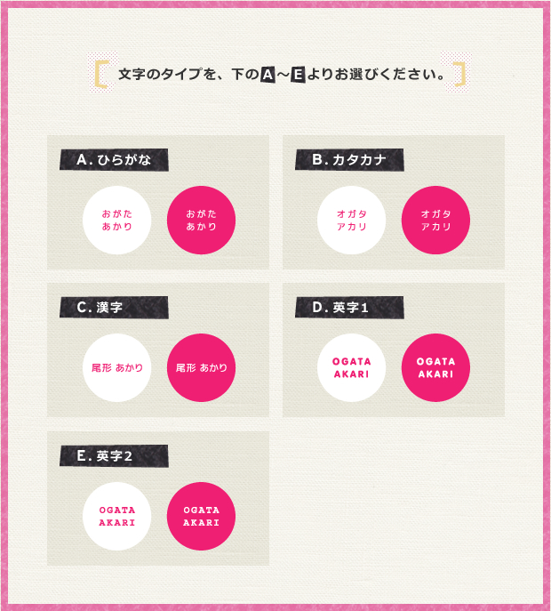 なまえのぼたん Plain反転色セット 04ローズピンク 文字のタイプを、A〜Eよりお選び下さい。